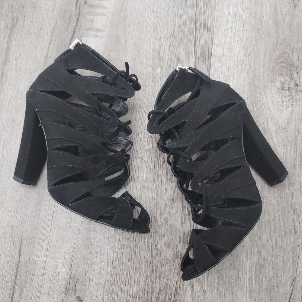 DELMAN Ankle gladiator booties heels